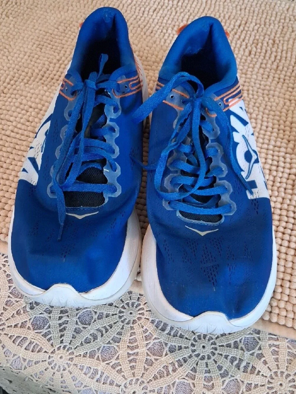 Hoka Blue and White Men's Running Shoes with Orange Accents